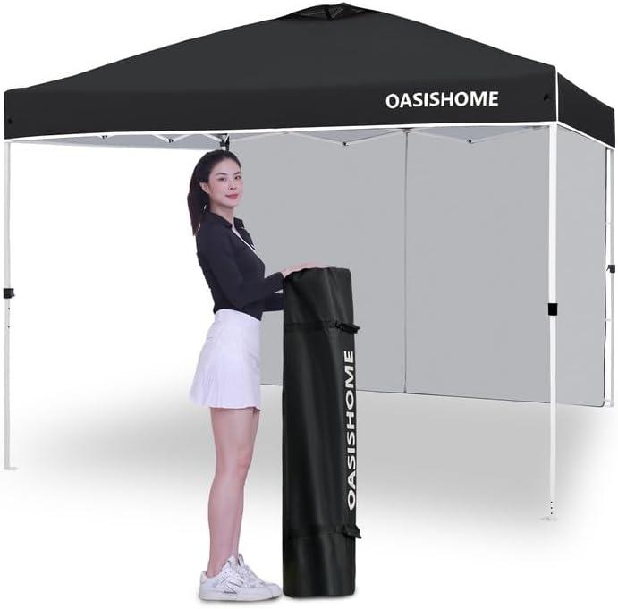 OASISHOME Pop-up Portable Outdoor Canopy Tent 10'x10' Instant Gazebo, with 1 Sidewall, Carry Bag, Stakes, Ropes, for Outdoor/Beach/Patio/Wedding Parties and Commercial Events (10FTx10FT, Black)