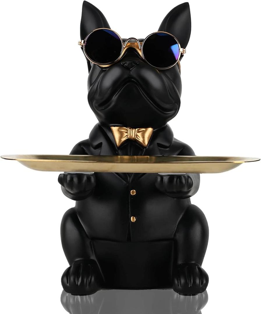 QIANLING Modern Decor Resin Bulldog Tray Statue Piggy Bank Tray Storage Entrance Key Holder Candy Jewelry Earrings Tray Suitable for Home Decor Modern Art Dining Table Decor Office Small Object Tray (Black)