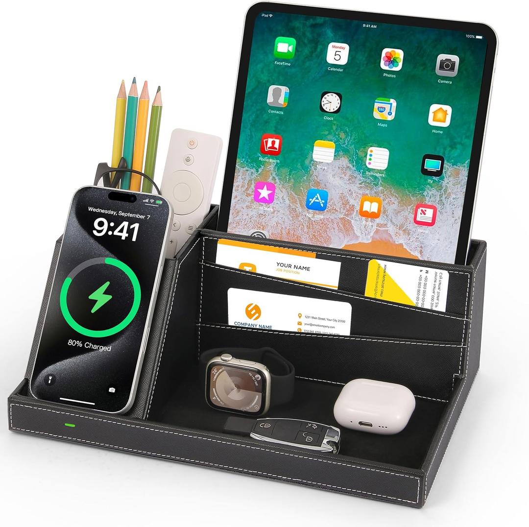Fast Wireless Charging Station with Desk Organizer for iPhone 17/16/15/15 Pro/14/14 Pro Max/14 Pro/14 Plus/13/13 Pro Max/13 Pro/and iPhone 12/11 Series, Nightstand Desktop Organizer for Home Office (Black)