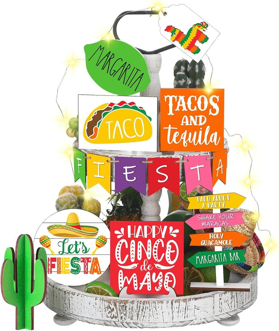 FairySandy 16 Pcs Cinco De Mayo Tiered Tray Decor Mexican Wooden Fiesta Signs Farmhouse Taco Cactus Sombrero Rainbow Donkey Table Decoration Cinco De Mayo Decor for Home Kitchen Summer Party Holiday