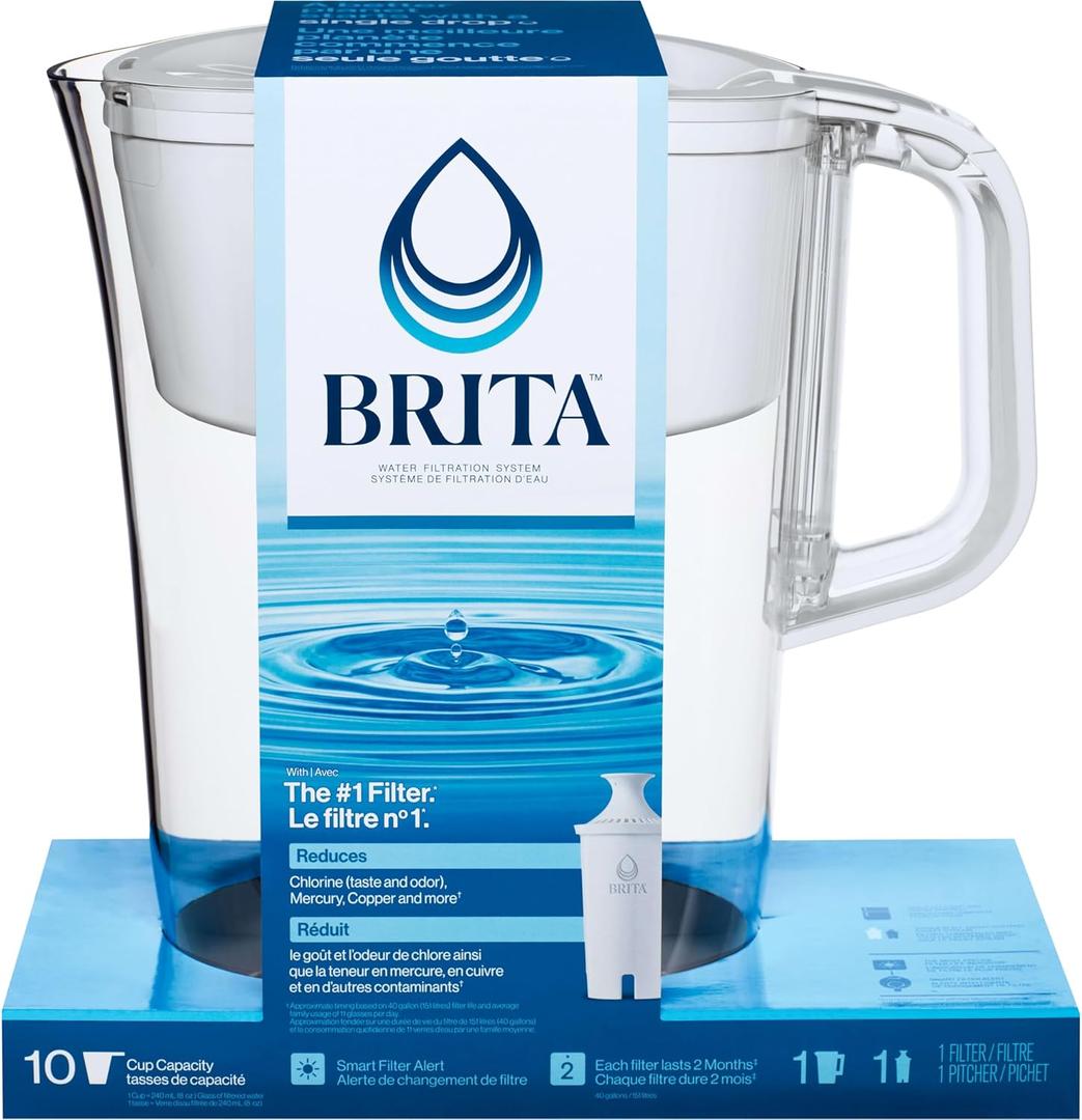Brita Tahoe Water Filter Pitcher, BPA-Free Water Pitcher, Replaces 1,800 Plastic Water Bottles a Year, Lasts Two Months or 40 Gallons, Includes 1 Filter, Kitchen Accessories, Large - 10-Cup Capacity