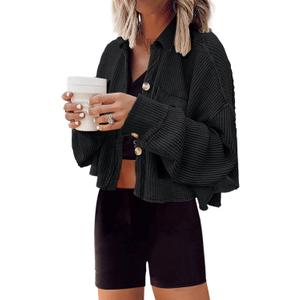 Panadila Women's Cropped Waffle Knit Shacket Short Button Down Jacket Batwing Sleeve Shirts with Pocket (Medium, Black)
