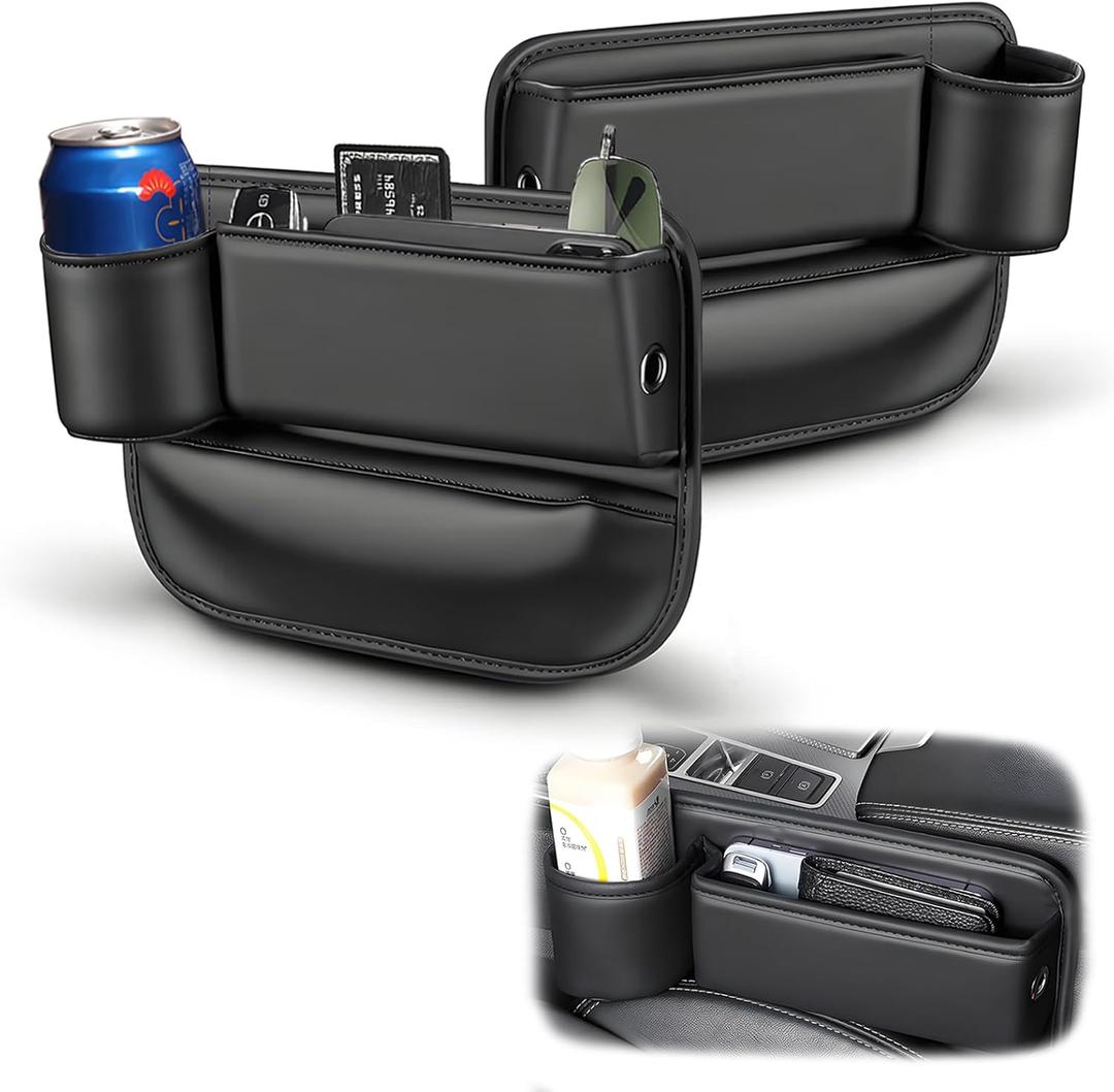 Car Seat Gap Filler Organizer, Universal Premium Leather Seat Organizer with Cup Holder, Seat Gap Storage Box with Bottle Holder, Car Gap Bag Front Center Console Seat (Driver+Passenger 2 Pack)