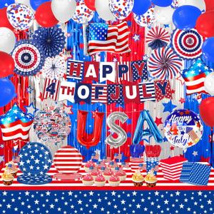 YQUQWN, 171 Pcs 4th of July Decorations, Red White Blue Balloons, Curtains, Paper Fans, Banners, Tablecloths, Plates, Stickers for Fourth of July Decorations, Patriotic Independence Day Party Supplies