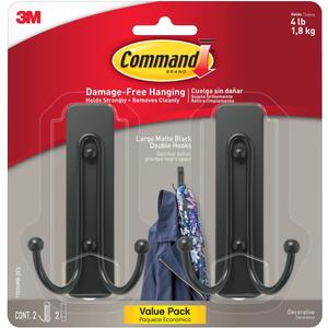 Command Large Matte Black Double Hooks, 2 Hooks and 2 Strips, Damage Free Hanging Wall Hooks with Adhesive Strips, No Tools Coat Hooks for Hanging Home Decor, Holds up to 4 lb