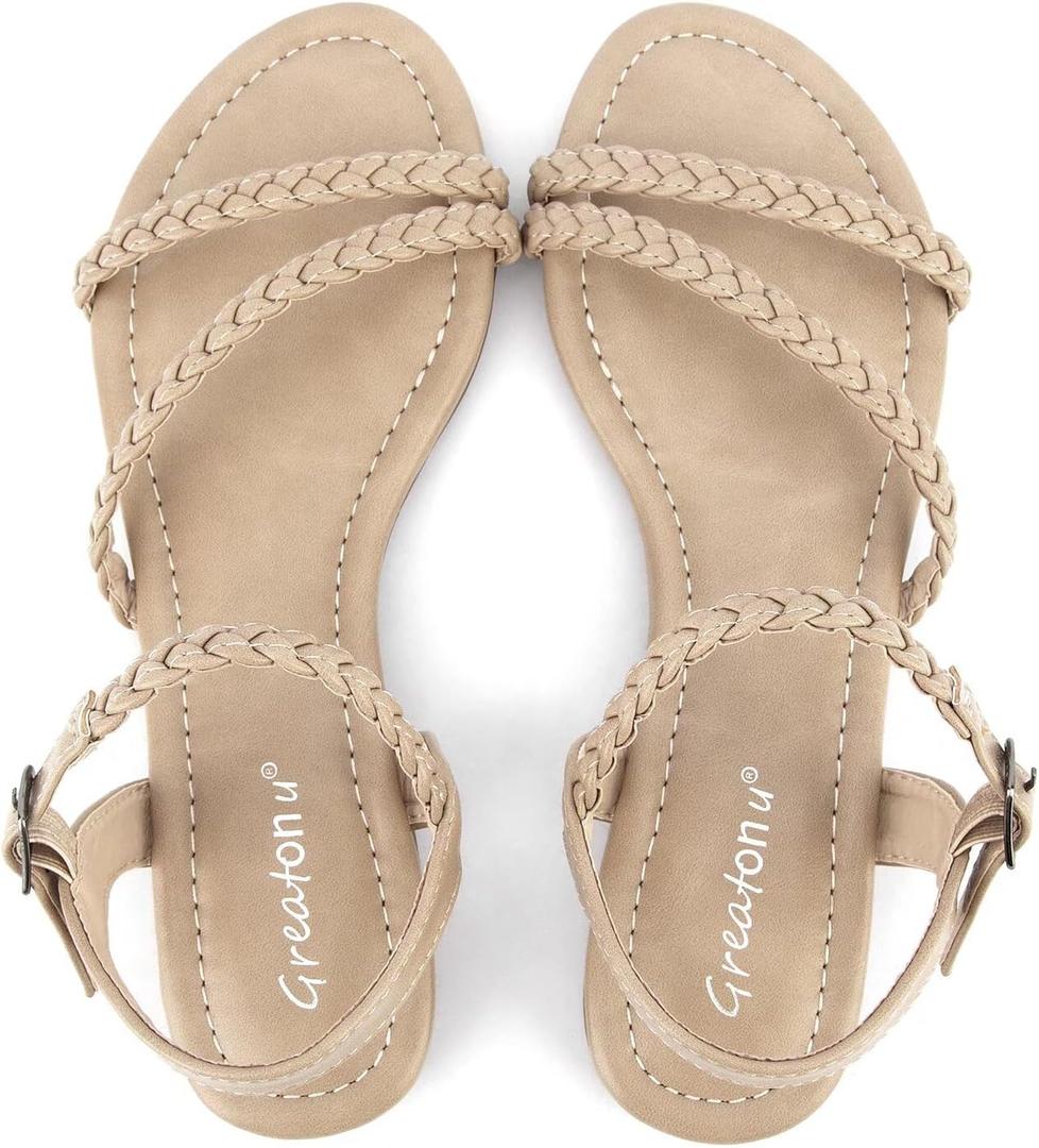 Greatonu Womens Flat Sandals Slip On Summer Gladiator Open Toe Braided Slingback Shoes (9, Beige)