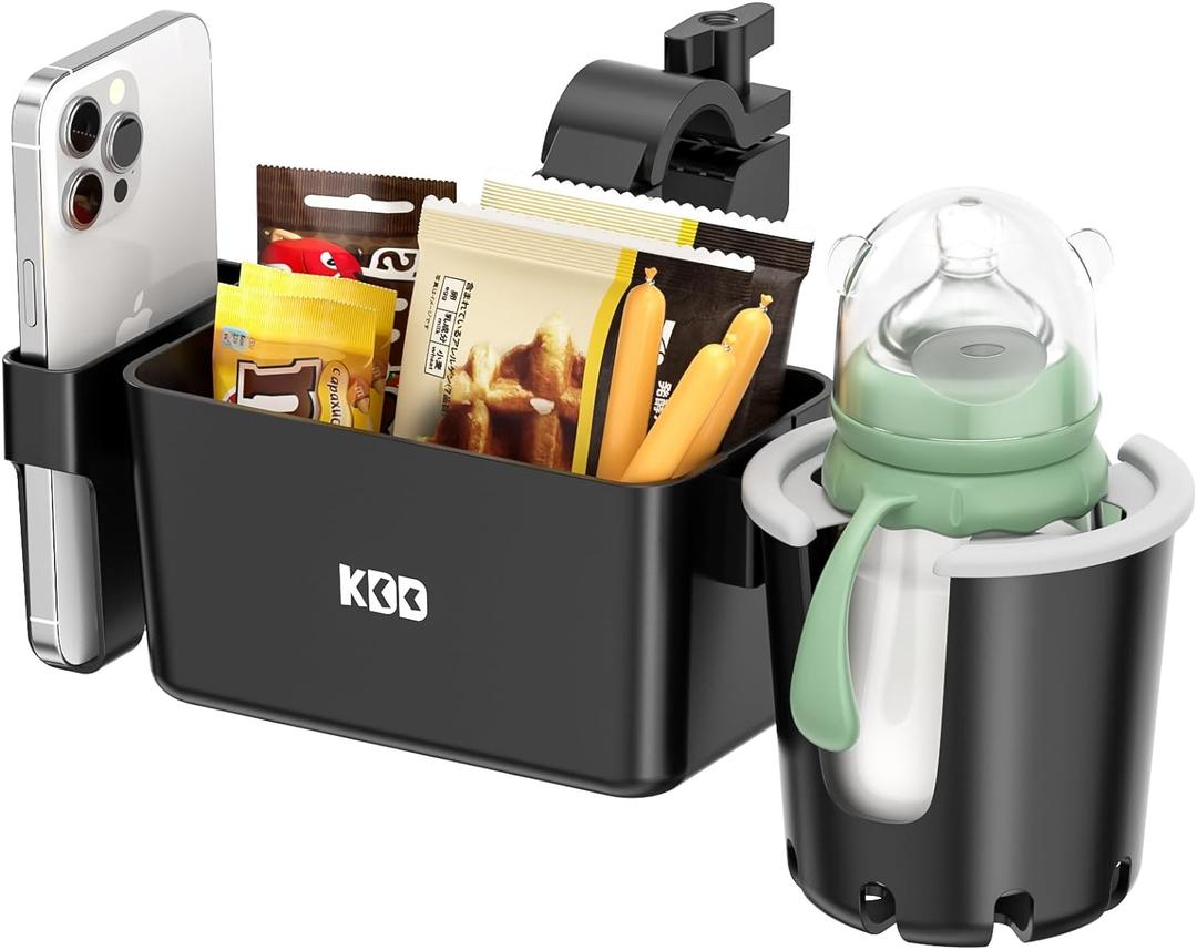 KDD Stroller Cup Holder with Snack Tray, 3-in-1 Universal Stroller Tray with Phone Holder, Removable Drink Holder, 360 Rotation Tray Attachment for Uppababy, Nuna, Wheelchair, Bike, Walker, Scooter (Black)
