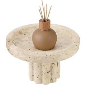 Travertine Tray with Base, 7.3" Round Vanity Decorative Organizer with Base, Countertop Pedestal Tray, Catchall Dish for Jewelry, Perfume, Candles, Vintage Table Organizer