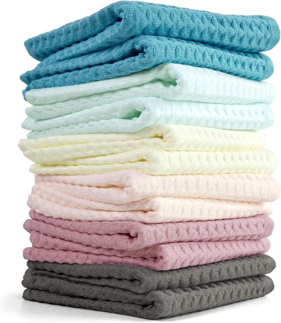 Cleanbear Waffle Wash Cloths Set of 12, Cotton Washcloths for Body and Face, 13 x 13, 6 Assorted Colors (Cream-color, Piggy Pink, Seafoam Green, Light-brown, Light-turquoise, Pale-pink)