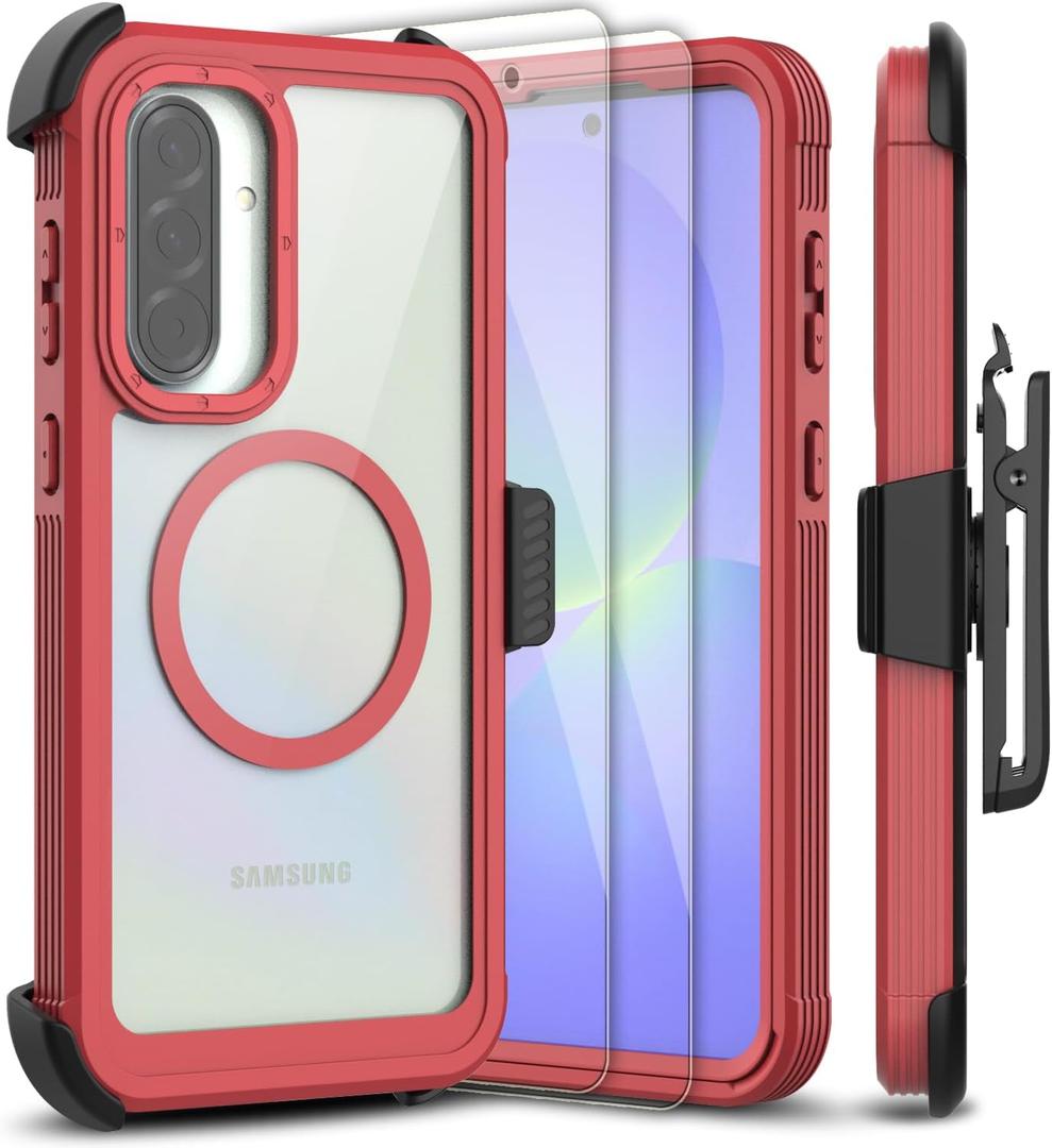 for Samsung Galaxy A36 5G Case, [Transparent & Holster Series] Belt Clip Full Body Shockproof Protective Cell Phone Cover with 2 Pack Tempered Glass Screen Protector (Red/Clear)