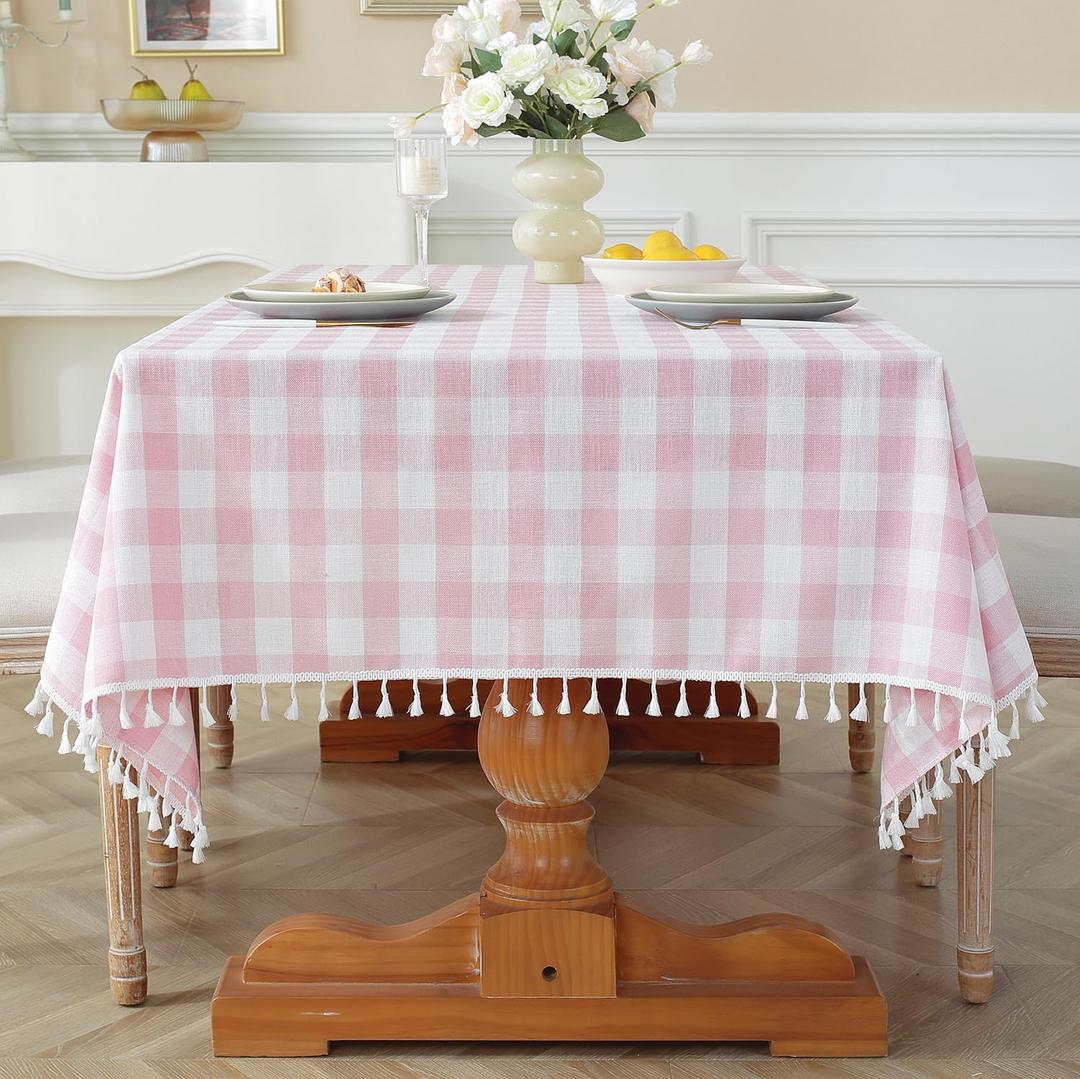 Laolitou Spring Pink Checkered Tablecloth Rectangle Washable Buffalo Plaid Table Cloth with Tassel Cotton Linen Gingham Table Cover for Dining Room, Pink, Rectangle, 55''x120'', 10-12 Seats