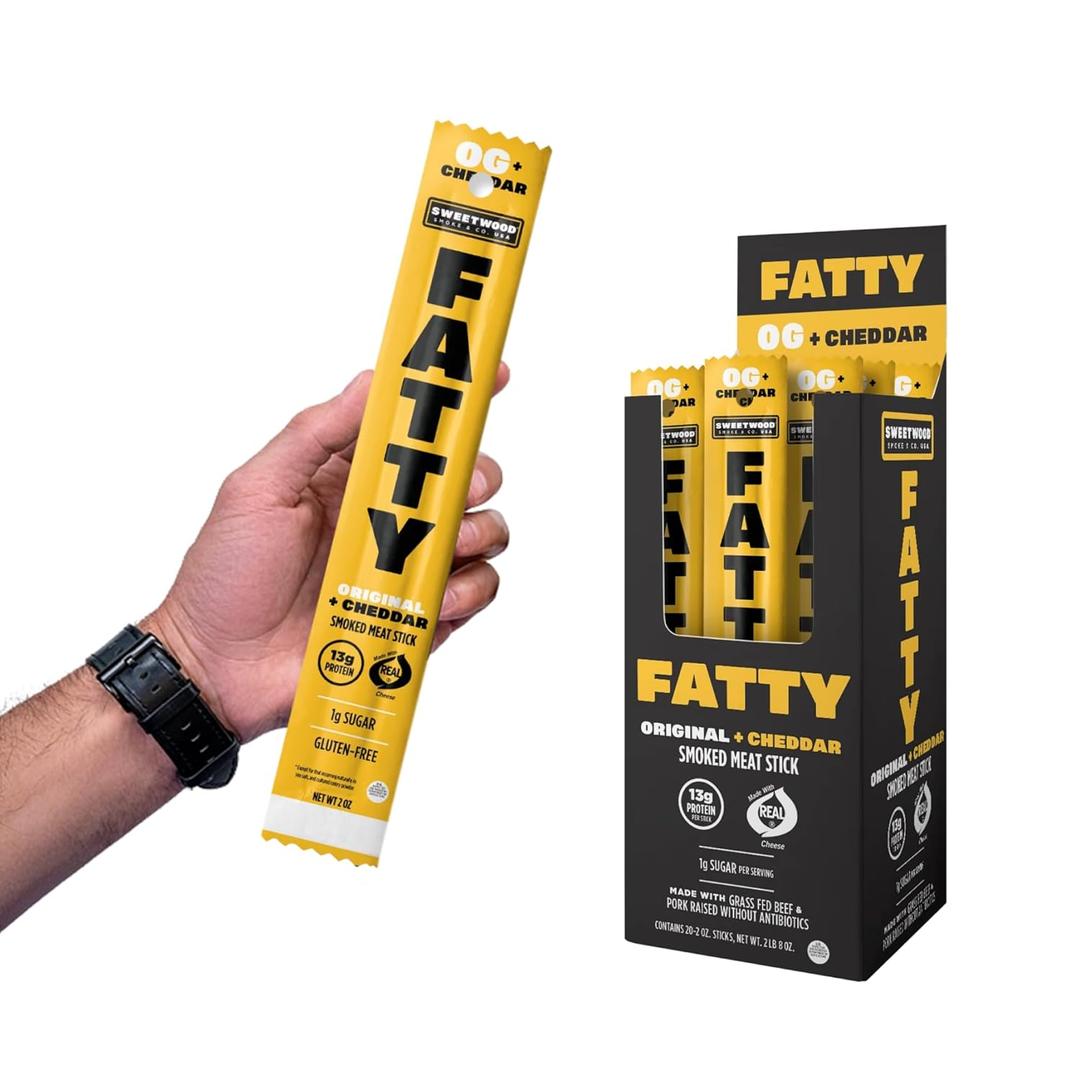 FATTY Meat Sticks, Pork Raised Without Antibiotics, Grass-Fed Beef, 13g Protein Per Stick, Original Cheddar, 2 oz. (Pack of 20)