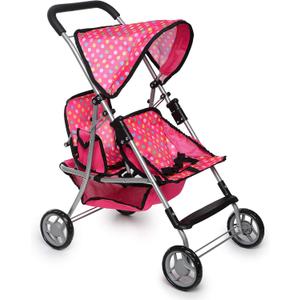 fash n kolor Twin Baby Doll Stroller - Pretend Play Baby Stroller for Dolls - Toy Stroller with Storage Basket for Baby Doll Accessories Set - Polka-dot Pink Design Stroller Toy - Folds Easily