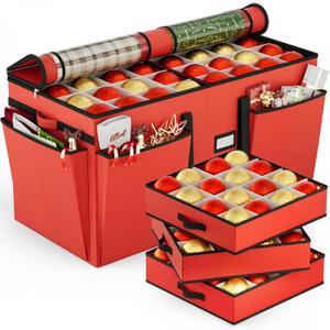 VERONLY Christmas Ornament Storage Box with 8 Trays, Christmas Storage Container for 128-3'' Holiday Ornament Decorations, Large Xmas Organizer with Adjustable Dividers, Dual Zipper and Pocket (Red)