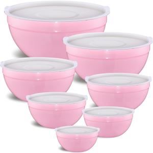 Pink Mixing Bowls with Airtight Lids, Stainless Steel Nesting Mixing Bowls Set of 7, Ideal for Baking, Prepping and Serving Food, Size 7, 3.6, 2.7, 2.1, 1.5, 1.1,0.8 QT, Stackable Design