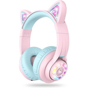 iClever Cat Ear Kids Bluetooth Headphones, LED Lights Up, 74/85dBA Safe Volume Limited, 50H Playtime,Bluetooth 5.2, USB C, Kids Headphones Wireless for Travel iPad Tablet, Meow Macaron Pink