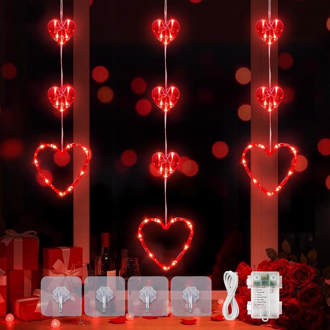 Valentines Day Window Lights, 65 LED 10 Red Heart Lights USB/Battery Operated, Timer Memory with 8 Modes Hanging Valentines Decorations Light for Valentine's Day Anniversary Wedding Decor