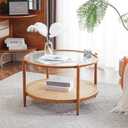 VINGLI 30" Rattan Coffee Table, Round Water-Wave Glass Metal Center Table, Modern Coffee Table with 2-Tier Storage, Farmhouse Circular Coffee Tables for Living Room and Small Space, Natural Vibe