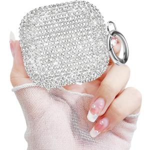 Newseego for Airpods 4 Generation Case, Luxury Sparkly Bling Rhinestone Case with Keychain for Women Girls Anti-Lost Glitter Crystal Hard PC Shockproof Full Protective Cover for Airpods 4th-Silver