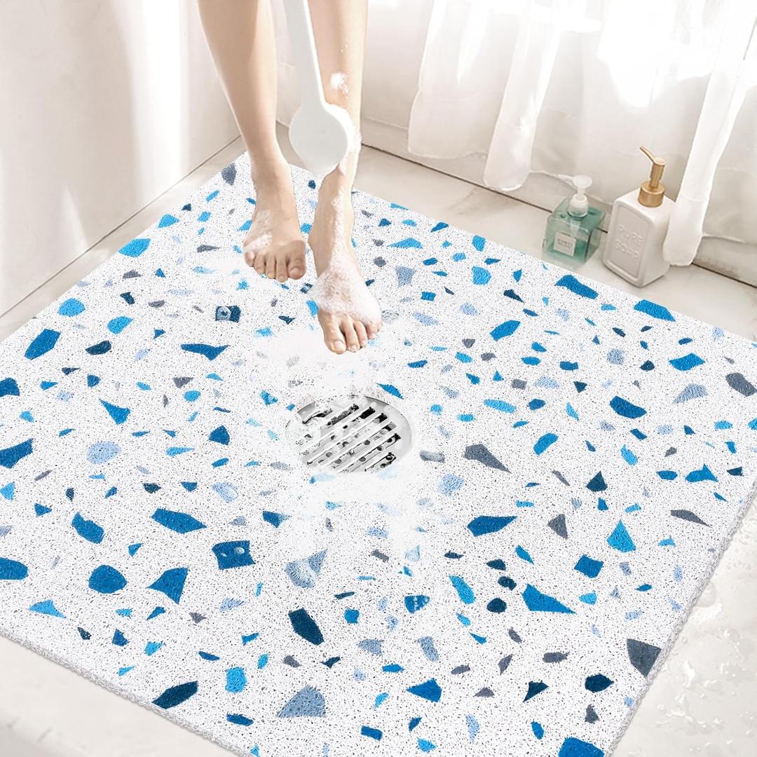 Square Shower Mats Non Slip: 3232 Inch Large Anti Slip Shower Mats for Inside Shower with Drain Hole in Middle, Soft PVC Loofah Bath Mats for Shower for Elderly and Kids (Blue Terrazzo)
