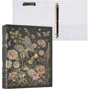 3 Ring Binder 1.5 Inch Bee Wildflowers Three Ring Binder Cute Binder with 3 Storage Pockets for Women School Office Supplies