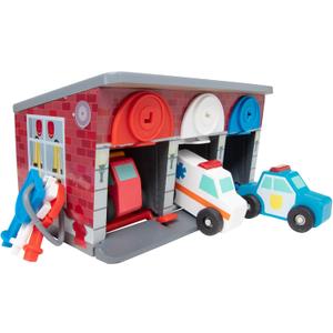 Melissa & Doug Toy Keys and Cars Wooden Rescue Vehicles and Garage (7 pcs) Toddler Pull Back Toys, Toy Garage for Kids Ages 3+