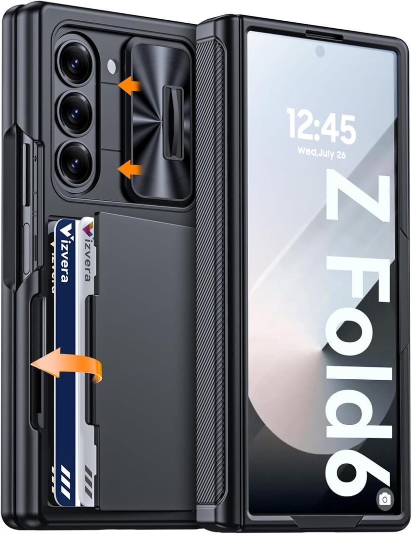 Vizvera for Samsung Galaxy Z Fold 6 Case RFID Wallet with Cards Holder [Hinge Cover] [Camera Cover] Shockproof Silicone Protective Phone Case for Z Fold 6 2024-Black