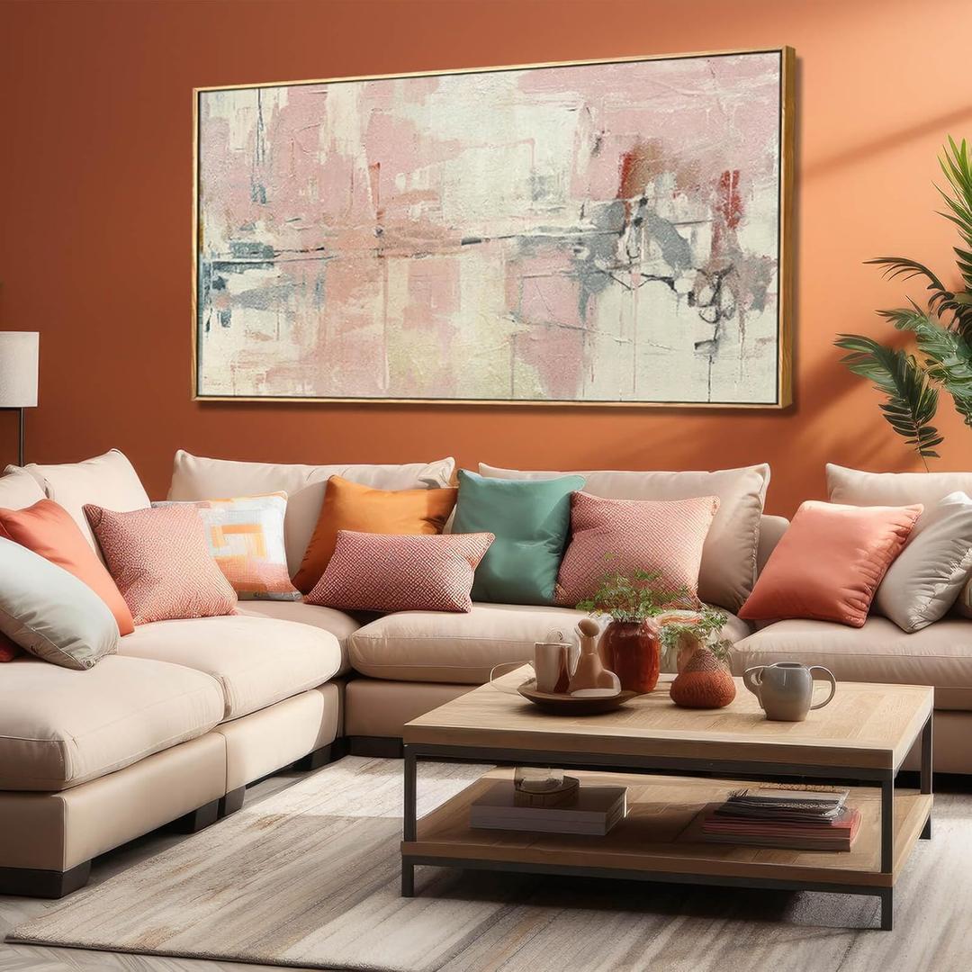 YJYart Living Room Decor Pink Canvas Wall Art 24"x 48"Abstract Wall Art White Canvas Picture Bedroom Decor Framed Artwork Large Paintings for Home Decor