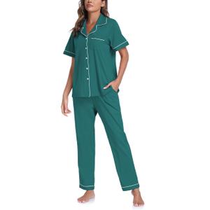CF Womens 100% Cotton Pajamas Set Button Down Pjs Sets Short Sleeve Top & Pants Sleepwear Comfy Loungewear with Pockets(Green,L)