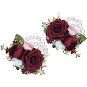 Rinlong 2Pcs Burgundy Wrist Corsage for Wedding, Prom, Homecoming | Bridesmaid Wristlet, Mother of the Bride Flower Corsage