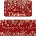 DIYDEC Christmas Kitchen Rugs Set of 2 Merry Christmas Kitchen Mats for Floor Winter Decor Holly Pine Branches Leaves Red Kitchen Rugs for Xmas Kitchen Bedroom Farmhouse Decorations Red