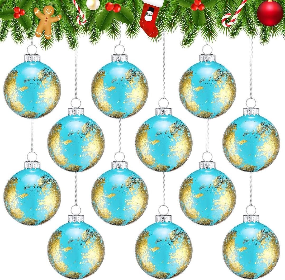 12 Pcs Christmas Glass Ball Ornament, World Globe Christmas Ornaments, Planet Gold Leaf Glass Ball Hanging Ornaments for Xmas Tree Winter Party Decoration