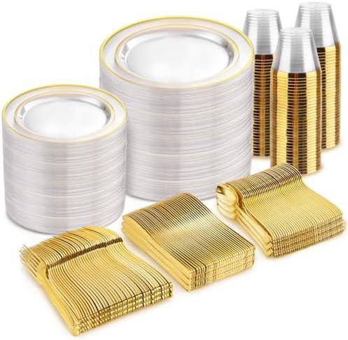bUCLA 600PCS Clear Plates with Gold Trim - Clear Gold Dinnerware Set Disposable Include 100 Dinner/100 Dessert Plates, 100 Knives, 100 Forks, 100 Spoons, 100 Cups for Wedding, Party
