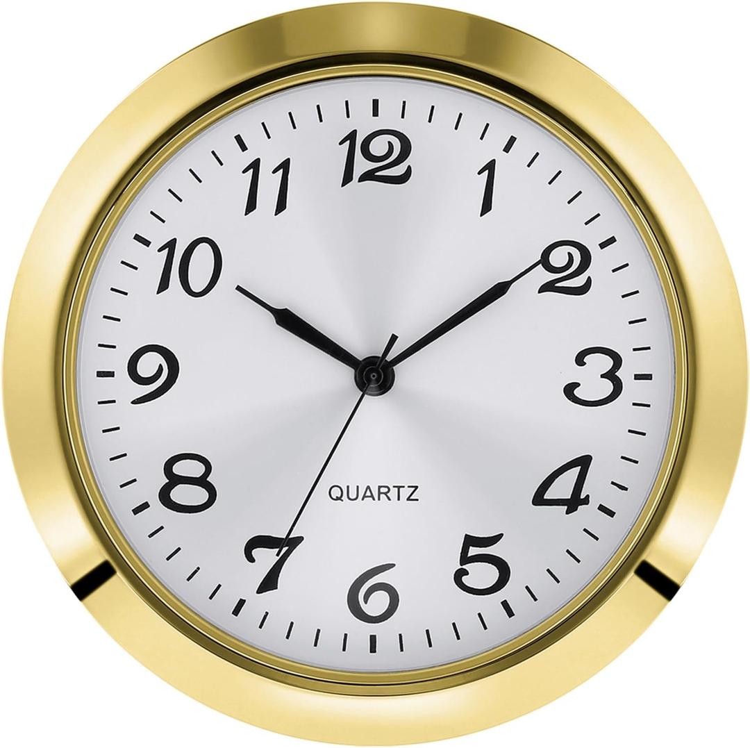 Hicarer 2-1/8 Inch (55 mm) Quartz Clock Insert, Zinc-Alloy Metal Case, Arabic Numeral, White Face (Gold)