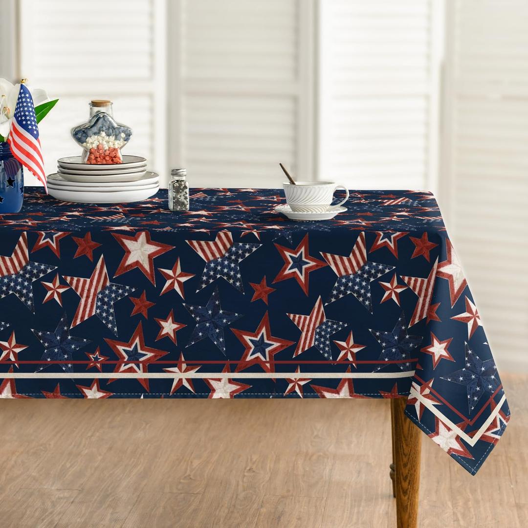 Horaldaily 4th of July Rectangular Tablecloth 60×120 Inch, Patriotic Memorial Day Navy Blue Red Star Independence Day Washable Table Cover for Party Picnic Dinner Decor
