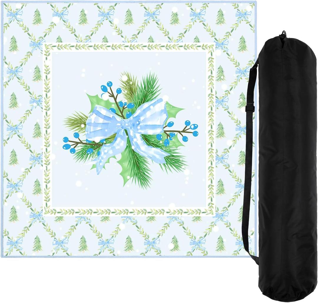 Drydiet Snowy Green Pine Needle Wreath Christmas Mahjong Mat Wonderland Mahjong Table Mat with Carrying Bag 31.5" x 31.5" Cute Aesthetic Anti Slip Noise Reduction Game Table Cover for Poker Card Board