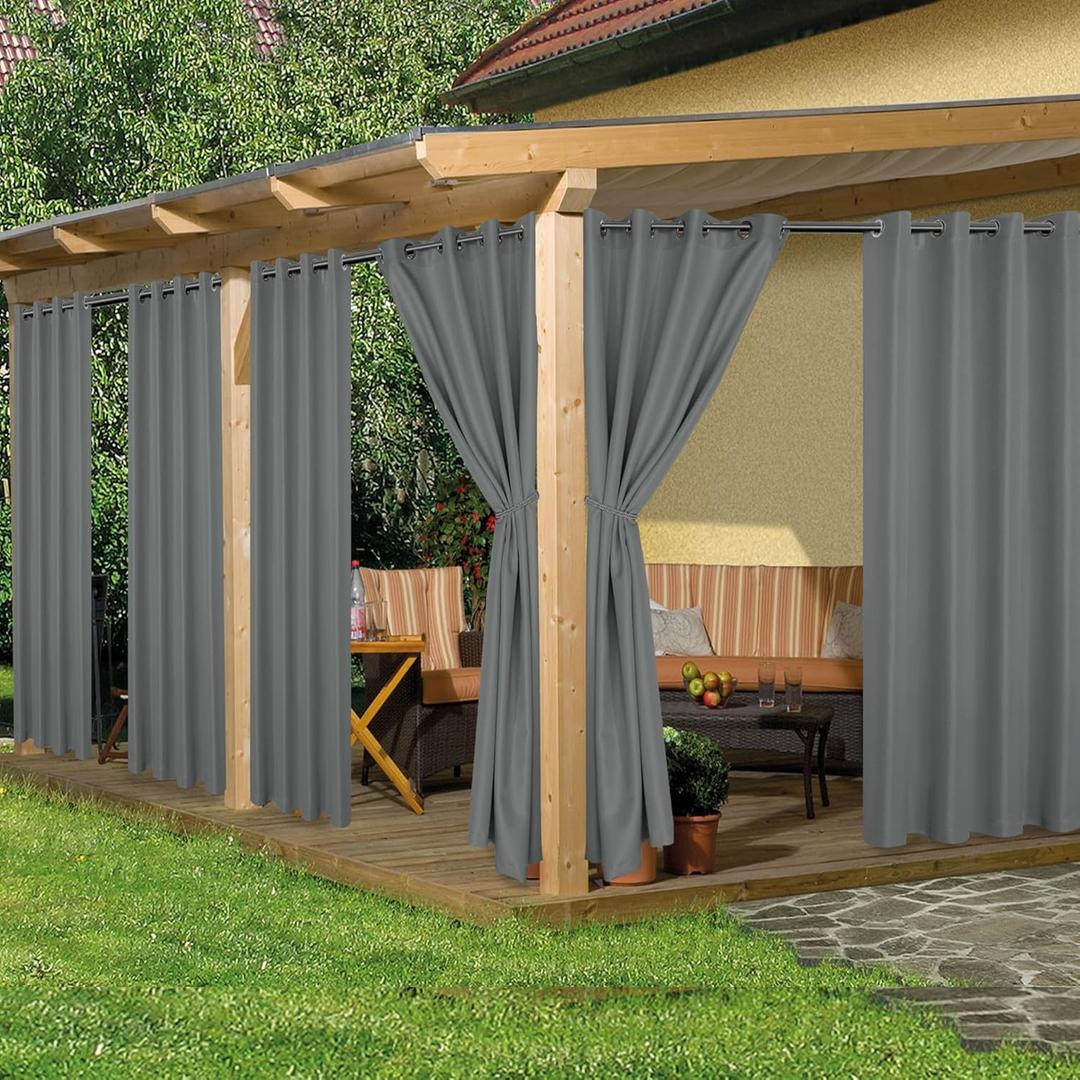HolidayIdeas Waterproof Outdoor Curtains for Patio, 6 Panels - 54x108 Inches - Weatherproof Privacy Outsides Curtains for Backyard Porch Gazebo, Sunlight & UV Blocking (Grey, Grommet Top)