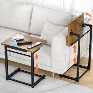 Tv Tray Table Set of 2, 8-Level Adjustable Height Couch Side Table90 Tilt Angle Adjustments C-Shaped End Table, with Phone & Tablet Slot Sofa Computer Desk for Couch, Sofa, Bed, Chair, Living Room (Brown)