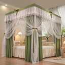 4 Corners Post Ruffle Luxurious Lace Princess Bed Canopy Curtain,Elegant Double Layer Cozy Drape Netting Curtain for Twin Full Queen King Size Bed Drapes (Green)