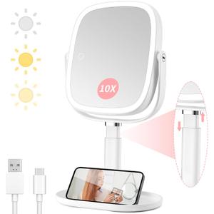 Lighted Makeup Mirror with Magnification,1x/10x Magnifying Mirror with Light Rechargeable,Height Adjustable Vanity Mirror with 3 Color Lights,Double Sided 360 Rotation,Memory Function