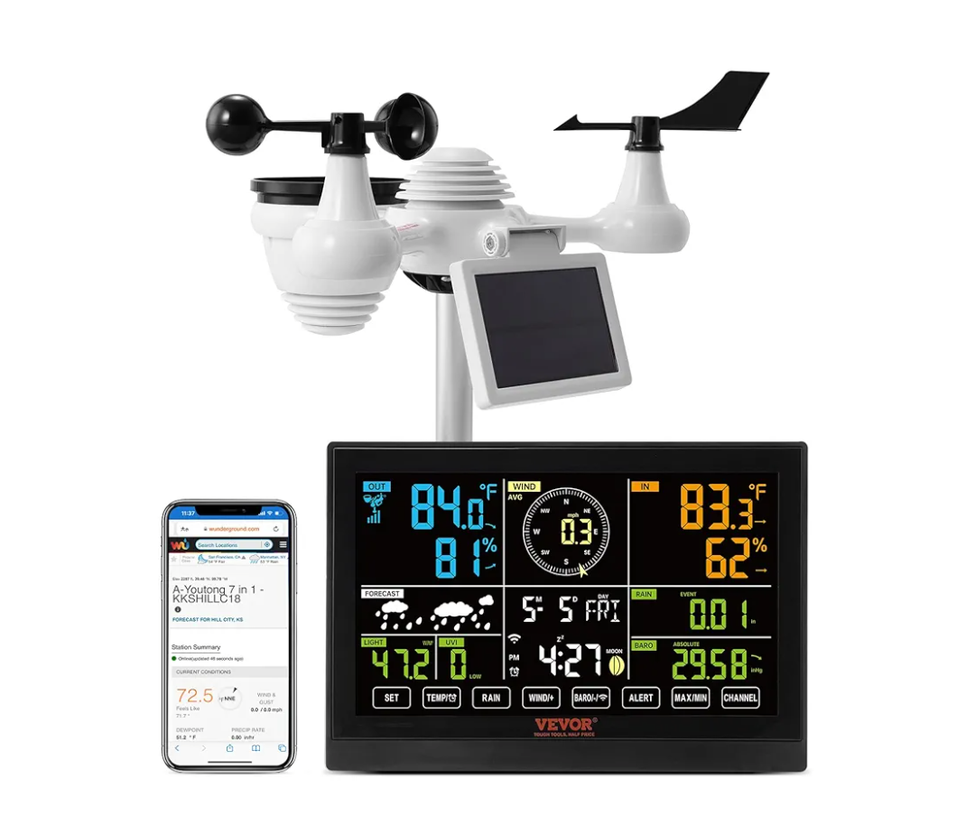VEVOR YT60234 WiFi Weather Station 7-in-1, Weather Stations WiFi Indoor Outdoor, 7.5" Color Display for Weather Forecast, Temperature, Humidity, UV, Air Pressure, Wind Speed&Direction, Rain, Alarm