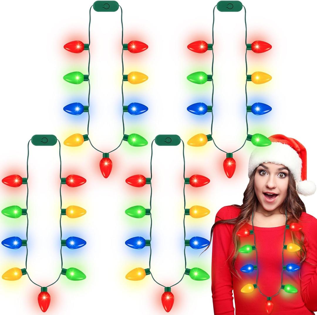QZYL 4pcs Light Up Christmas Necklace, Colorful Christmas Accessories for Women, 9 LED Bulbs Necklaces with 3 Flash Modes, Suitable for Xmas New Year Party Favor Supplies Accessories