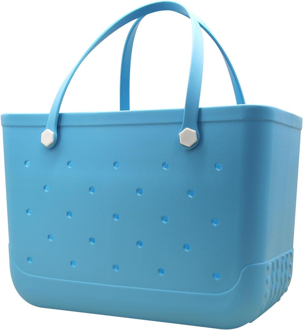 X-Large Waterproof Sandproof Rubber Beach Tote Bag with Zipper Pocket and Phone Kickstand Cup (Light Blue)