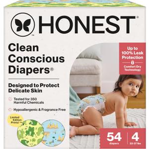 The Honest Company Clean Conscious Diapers, Up to 100% Leak Protection, Designed to Protect Delicate Skin, Hypoallergenic + Fragrance-Free, UR Ribbiting + Waddle It Be, Club Box, Size 4, 54 Count