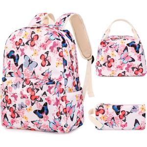Sunborls Teens Girls Cute Backpack 3 in 1 with Lunch Bag Pencil Bag Set Females Daily Leisure Travel Laptop Backpack He is Also Back To School Student Bookbags (Butterfly Pattern Pink
