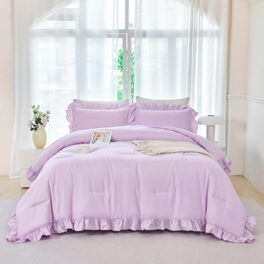 ANGIYUIN 5 Pieces Purple Comforter Set Queen Size Ruffled Bedding Sets for Girls Women Boho Farmhouse Bed Sets Solid Color Soft Bed in A Bag with Sheets(Purple Queen)