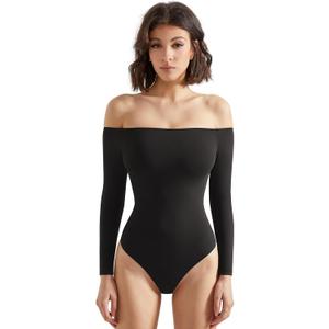 SUUKSESS Women Off the Shoulder Long Sleeve Bodysuit Double Lined Thong Bodysuit (Large, Black)