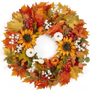 Fall Wreath for Front Door, 22-24" Autumn Wreath with Sunflower, Pumpkin, Berry. Artificial Home Decorations for Indoor Outdoor Window Wall Porch,UV Resistant Seasonal Decor for Thanksgiving Halloween