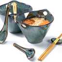Henten Home 20 OZ Ramen Bowls Set, Ceramic Japanese Noodle Bowls Set of 2, Porcelain Deep Salad Bowl with Chopsticks for Udon, Reactive Glaze, Microwave Safe (Teal) (Green)