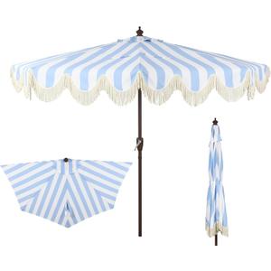 JONATHAN Y Half Umbrella UMB1201C Beverly 9 ft. Designer Classic Scalloped Fringe Market Patio with Crank, Push-Button Tilt and UV Protection in Light Blue/White